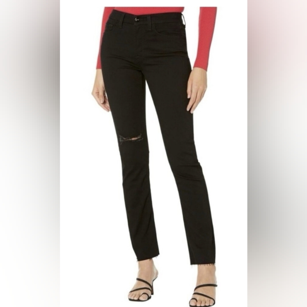 Jen 7 Women's Slim Straight Jeans Size 12 Black Fray Hem Distressed Knee